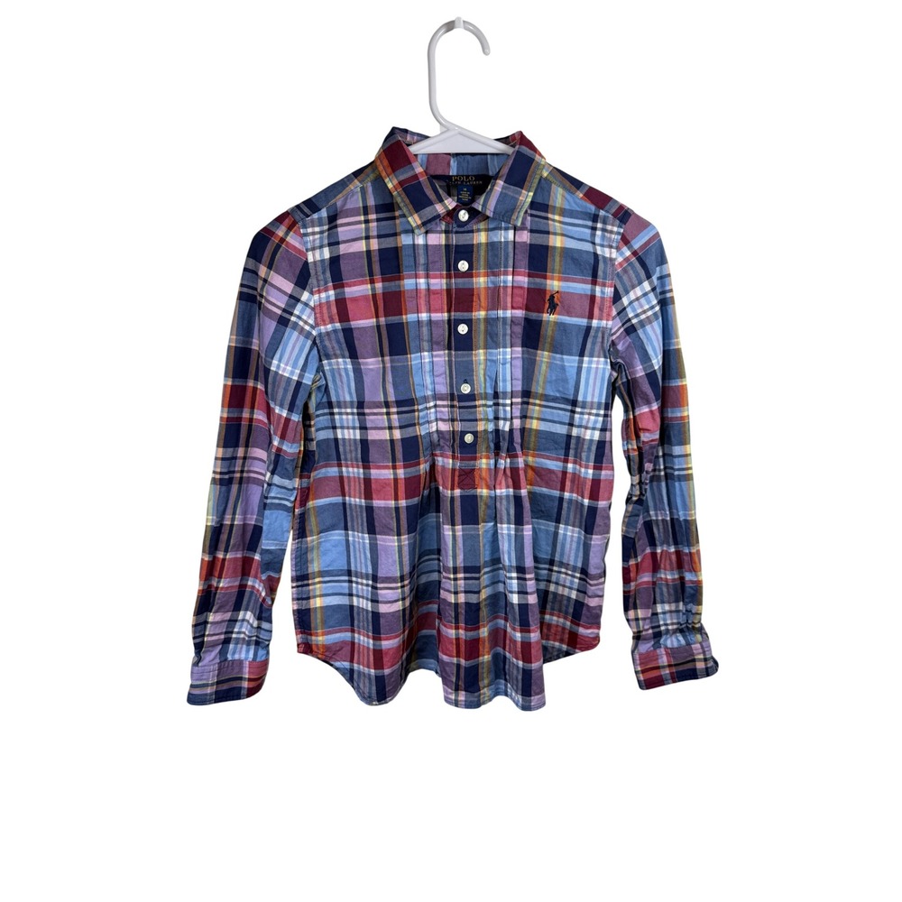 Polo Ralph Lauren‎ Girls Plaid Pintuck Bib Popover Shirt Multicolor Size 14